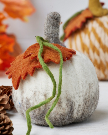 Felt pumpkin with orange felt leaves, green felt vine, and gray felt stem, surrounded by autumn decorations.