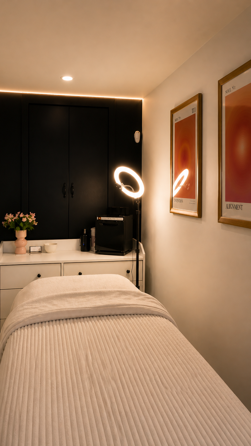 A cozy, modern bedroom with a bed covered in a ribbed beige blanket, framed artwork on the wall, a white dresser with a pink vase of flowers, small bowls, and a black cabinet. A ring light with a mirror is positioned near the wall.
