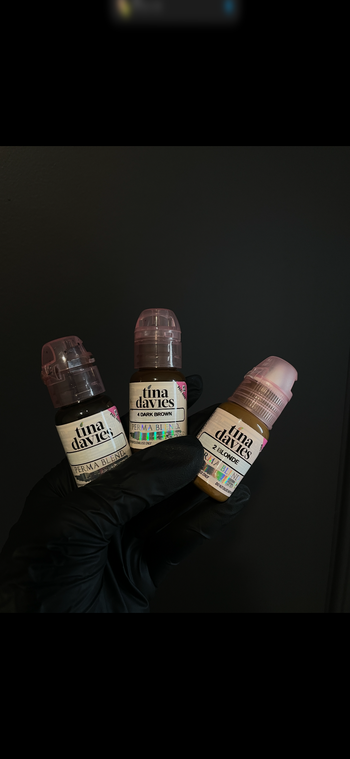 Three bottles of Tina Davies pigment inks called Perma Blend, held by a person wearing black gloves against a black background.