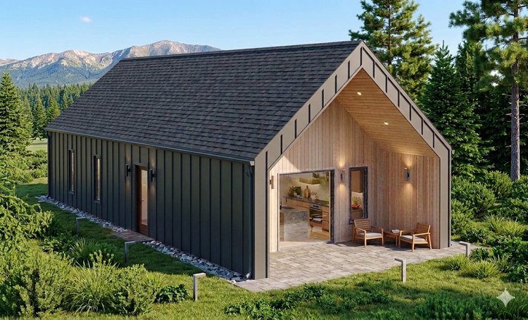 Core 740 shingle roof with board and batten siding