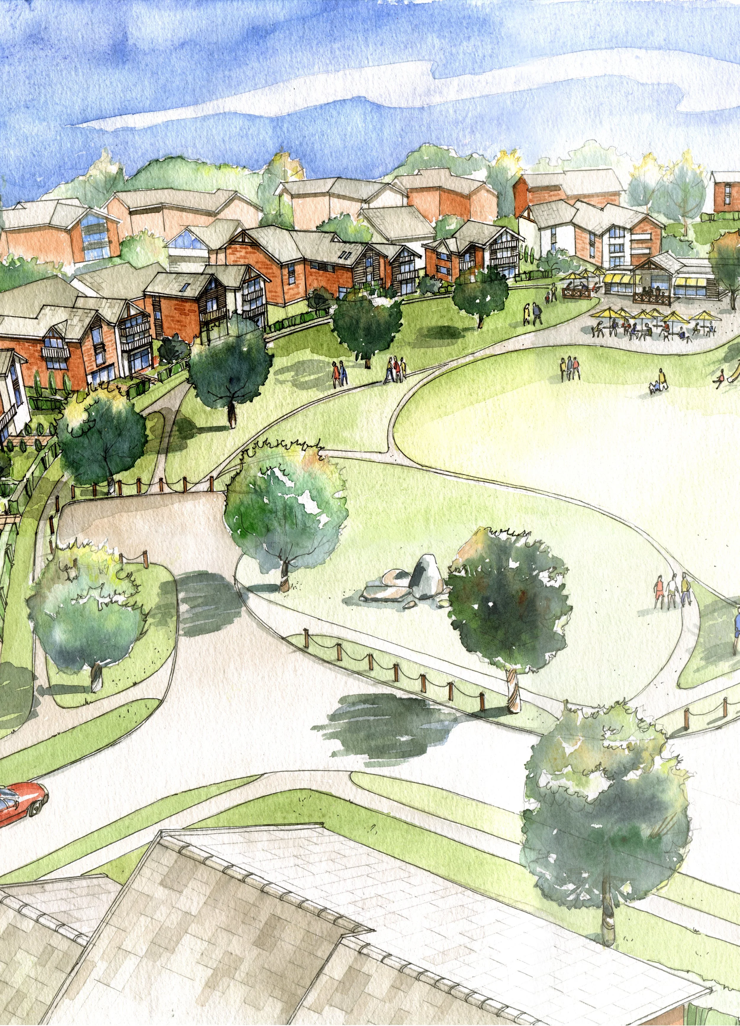 Cambridge Park Subdivision, Cambridge, watercolour illustration