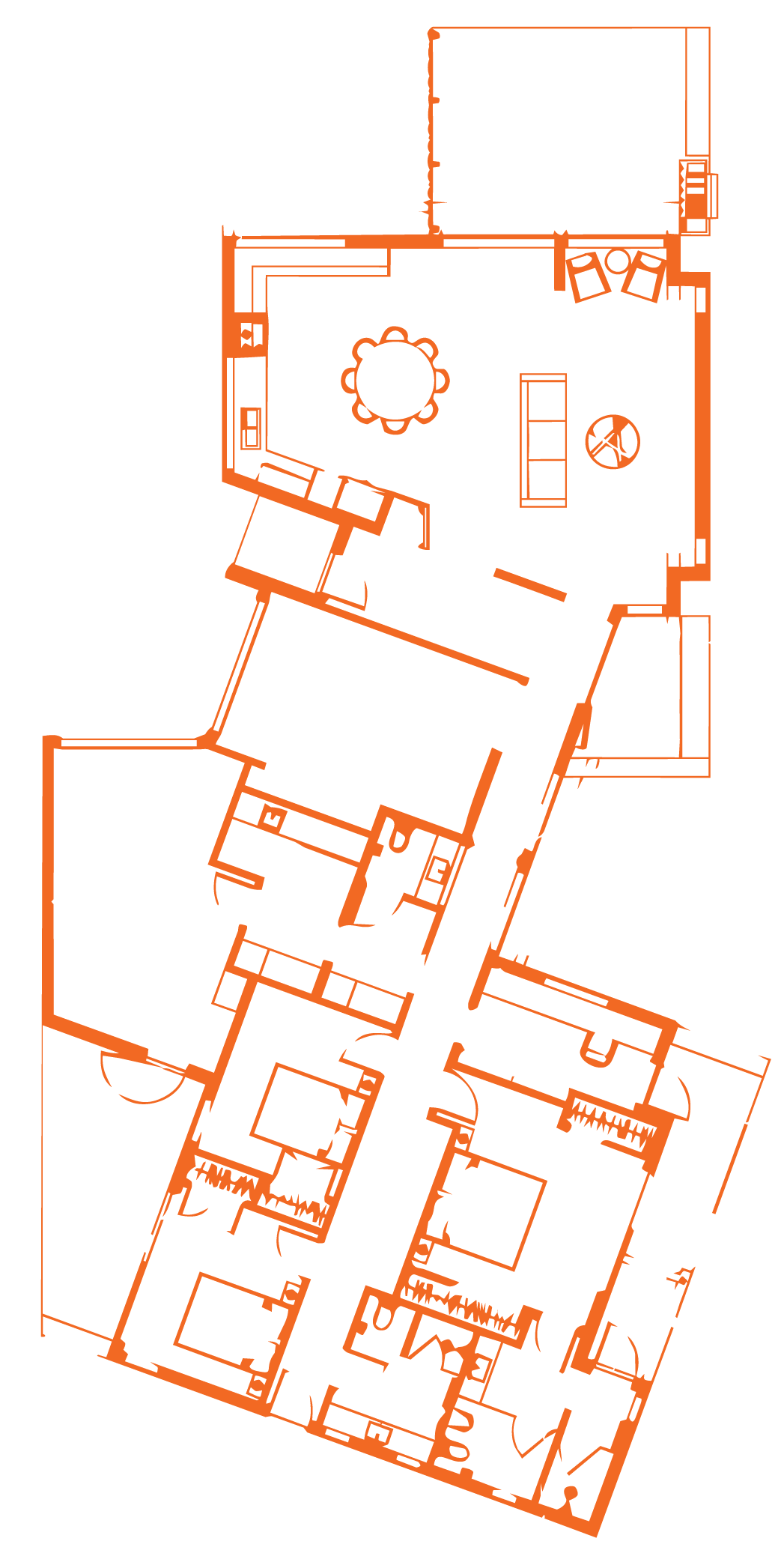 Floor plan of a house with multiple rooms including bedrooms, bathrooms, living areas, and a kitchen, outlined in orange on a black background.