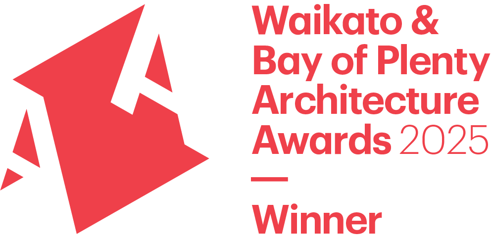 Graphic design announcing the Waikato & Bay of Plenty Architecture Awards 2025 winner, featuring abstract red shapes and bold red and black text.