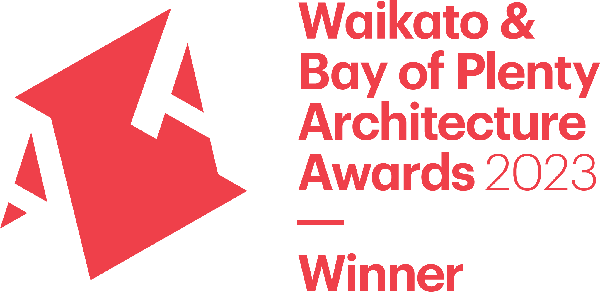 Logo for the Walkto & Bay of Plenty Architecture Awards 2023, featuring a red geometric bird shape next to the text in red and black.