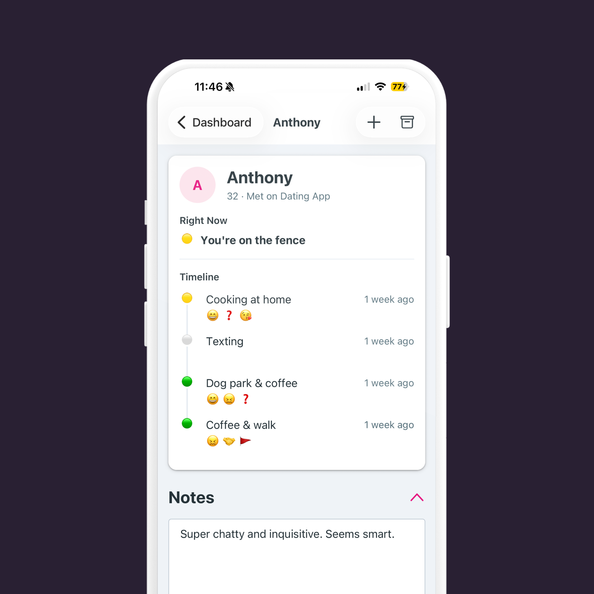 Screenshot of a mobile app displaying a task management list with different activities such as meeting a partner, cooking at home, and dog park visits, each associated with colored dots and emojis.