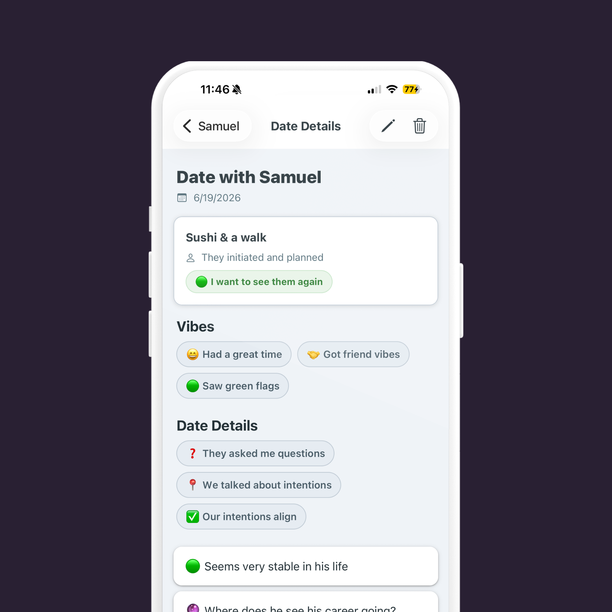 Screenshot of a smartphone displaying a dating app profile for Samuel with date and vibe details, including preferred activities and messages about his stability and career.