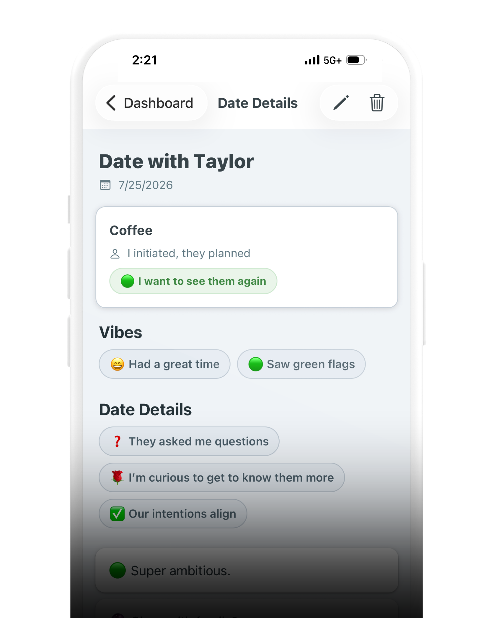 A mobile phone screen displaying a dating app profile with sections labeled 'Date with Taylor', 'Vibes', and date details.