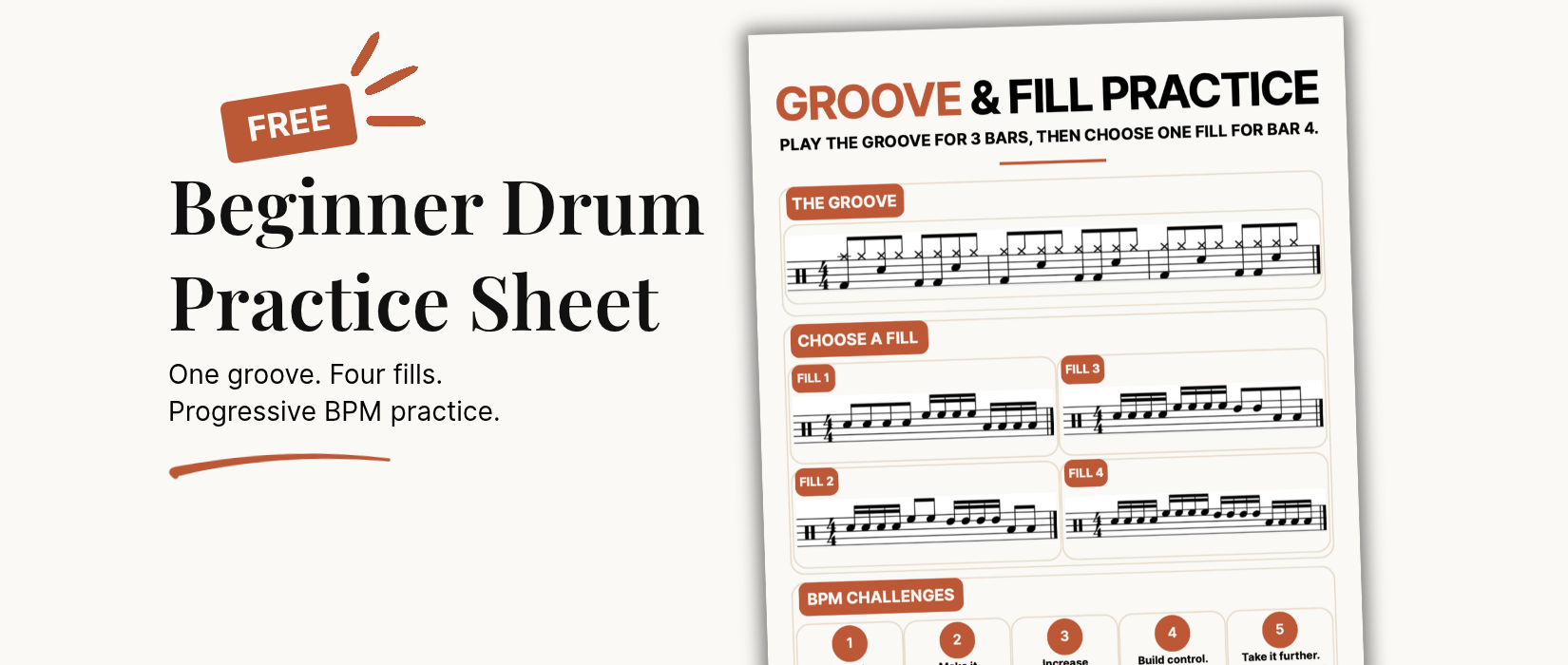 A beginner drum practice sheet titled 'Groove & Fill Practice' with instructions to play the groove for 3 bars and then choose one fill for bar 4. The sheet includes notation for a groove and four fills, labeled Fill 1 to Fill 4, with a section for BPM challenges at the bottom.