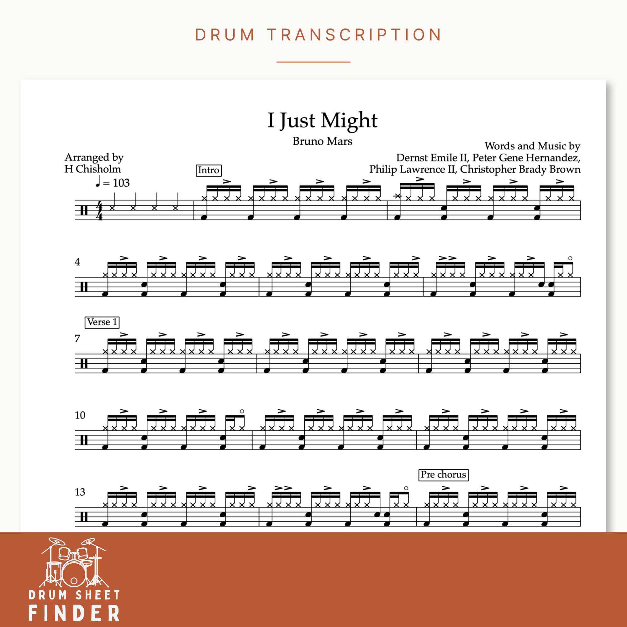 Image of a drum sheet music titled 'I Just Might' by Bruno Mars, arranged by H Chisholm, with sections labeled 'Intro,' 'Verse 1,' and 'Pre chorus.' The bottom left corner features a white drum set illustration and the phrase 'DRUM SHEET FINDER' on a brown background.