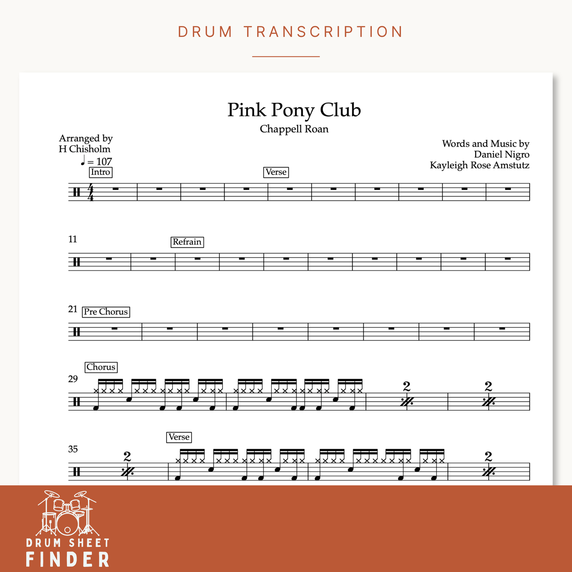 Sheet music for the song 'Pink Pony Club' by Chappell Roan, with a drum illustration and the words 'Drum Sheet Finder' at the bottom.