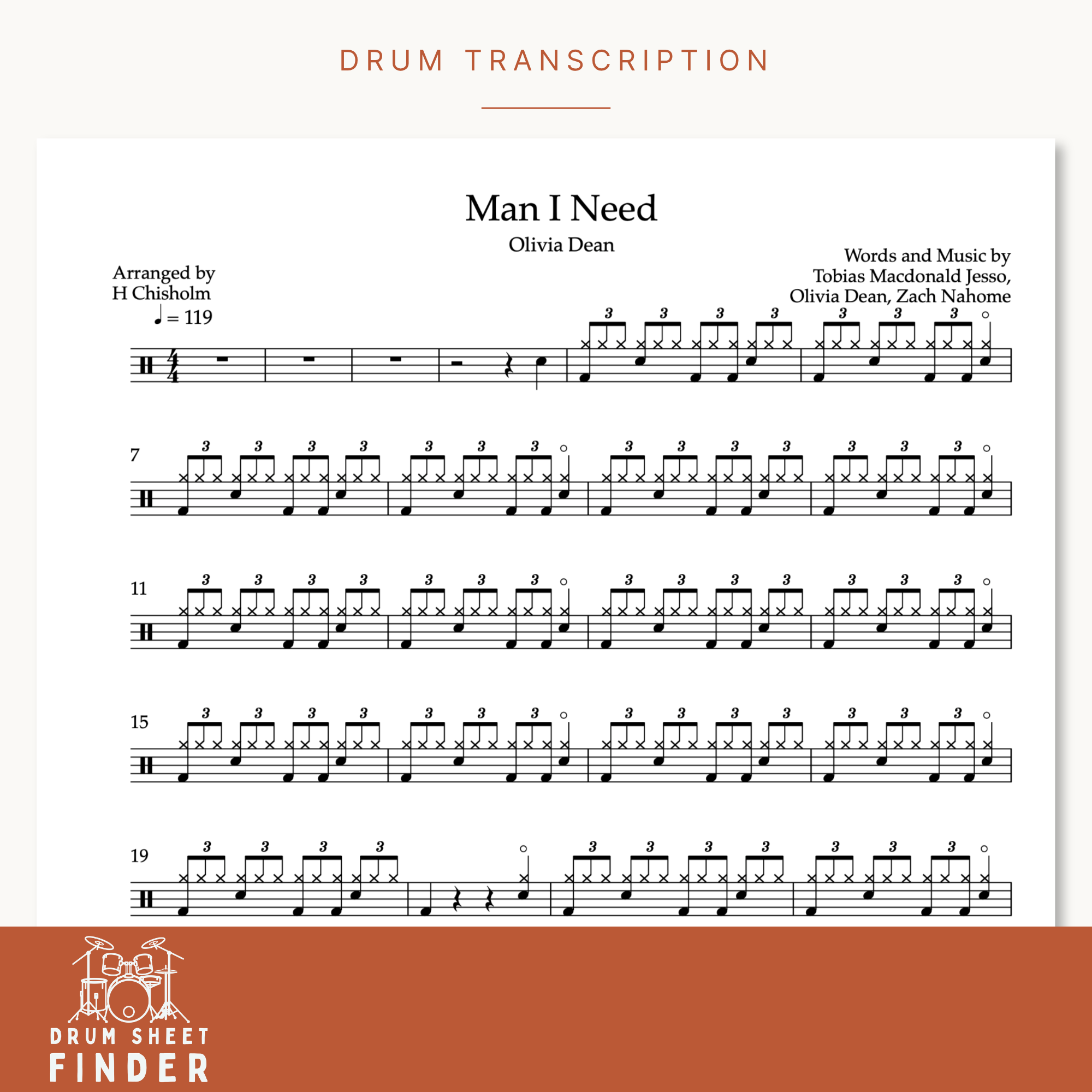 Page of sheet music with drum notation titled "Man I Need" by Olivia Dean, arranged by H Chisholm, featuring a drum sheet finder logo at the bottom.