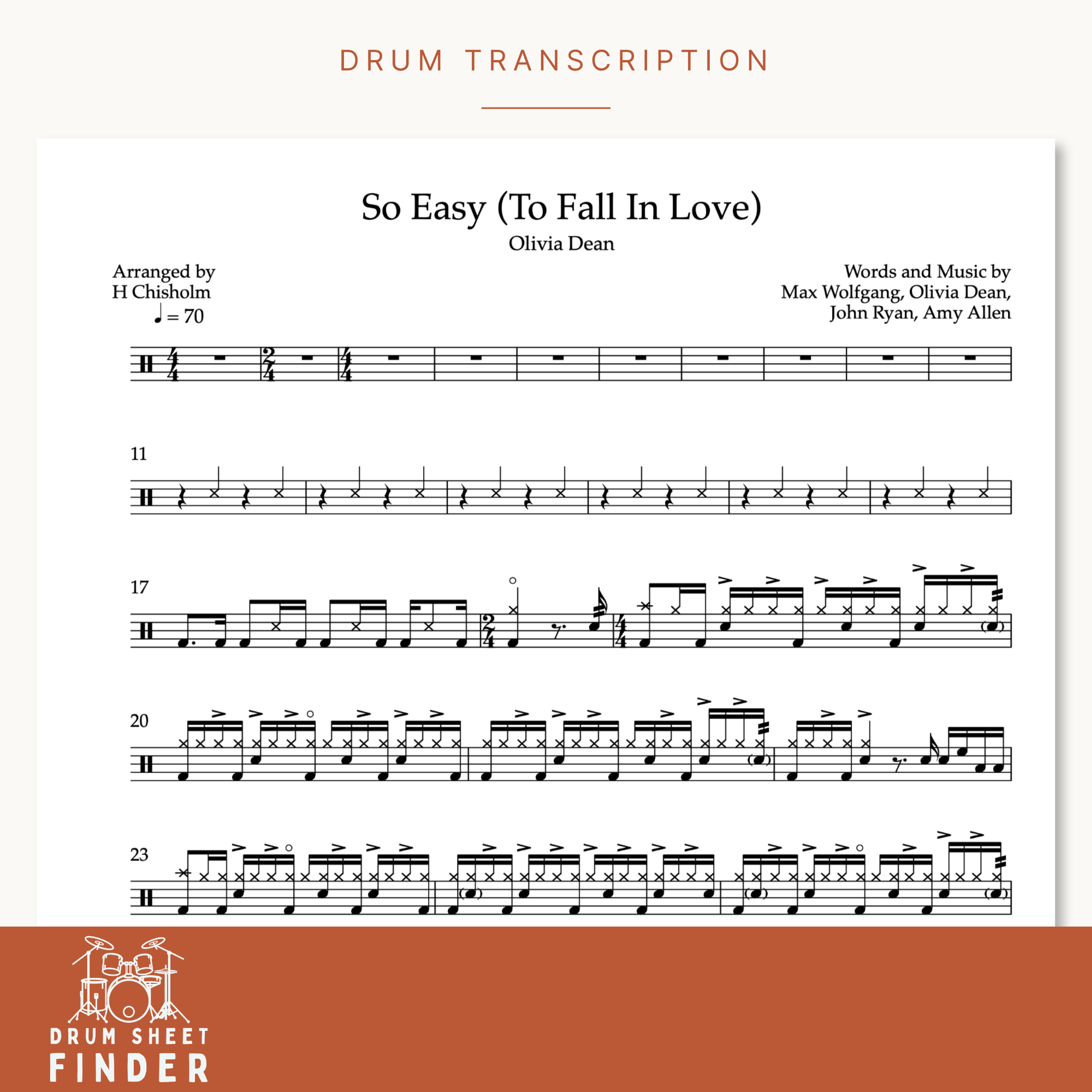 Page from a drum sheet titled "So Easy (To Fall In Love)" by Olivia Dean, arranged by H Chisholm. Features musical notation and percussion patterns with a brown border at the bottom with a drum set icon and the text "DRUM SHEET FINDER."