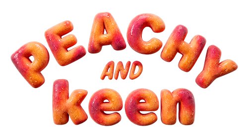 Text spelling 'PEACHY AND KEEN' in peach-shaped 3D letters with a pink and orange gradient.