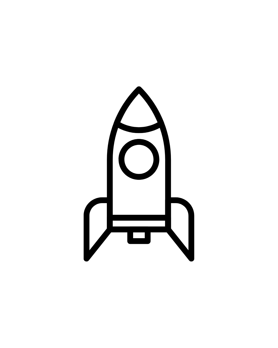 Line drawing of a rocket with a pointed nose, circular window, and fins at the base.