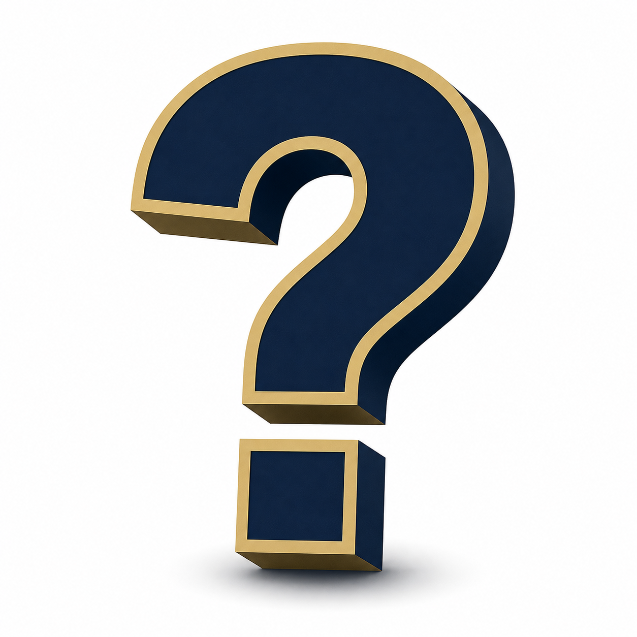 3D navy blue question mark with gold outline against white background.