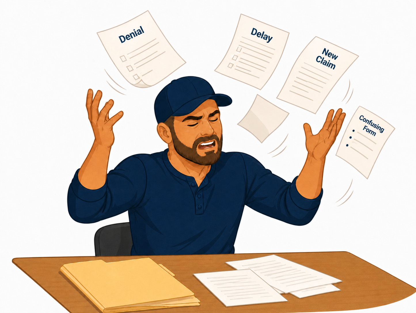 An illustration of a man with a beard and cap sitting at a desk, frustrated, with papers flying around labeled Denial, Delay, New Claim, and Confusing Form.