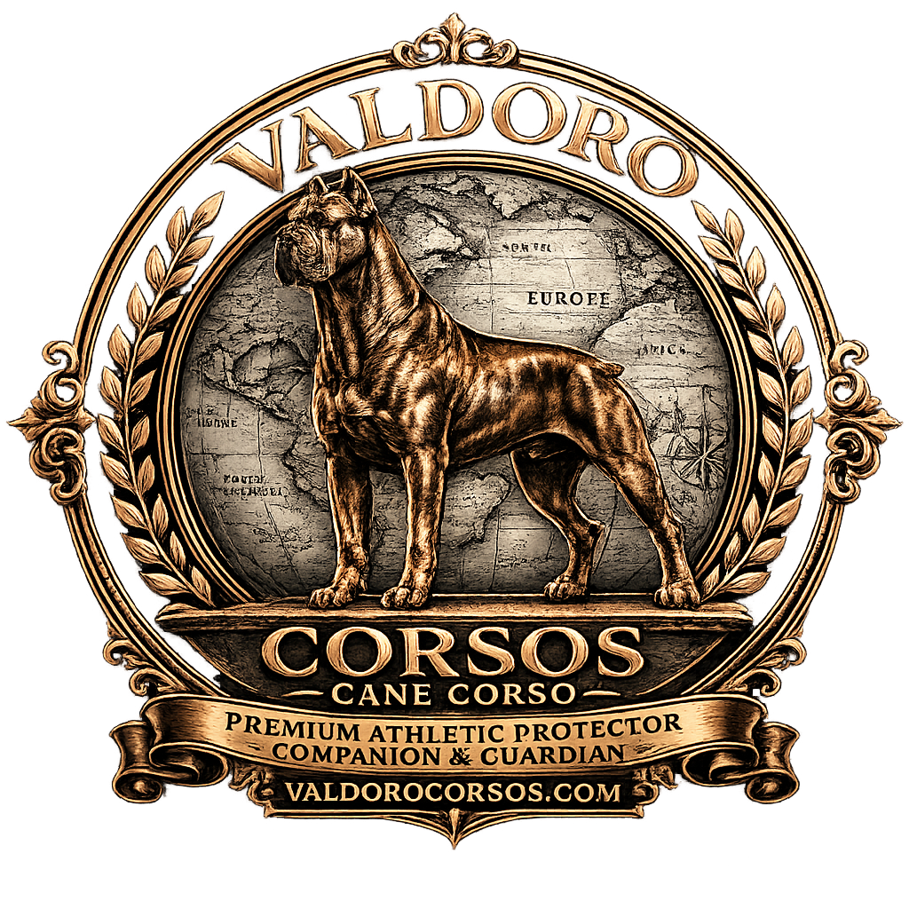 A bronze and gold emblem for Valdoro Corsos featuring a standing Cane Corso dog, with a background of a vintage map of Europe. The emblem includes ornate laurel branches, the words "Valdoro," "Corsos," "Cane Corso," and a banner with text "Premium Athletic Protector, Companion & Guardian," along with the website valdorocorsos.com.