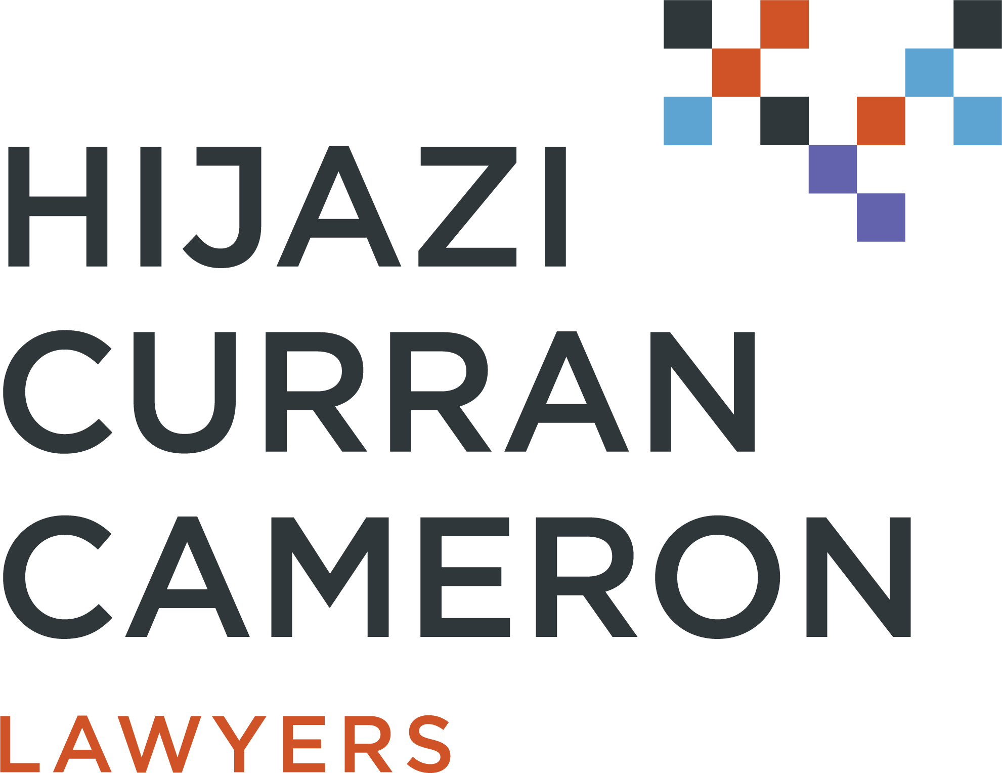 Logo with the text 'Hjazi Curb &' in black, with a colorful geometric design on the right side, and the words 'Lawyers CW CAMERON' below, with 'AWYERS' in orange.