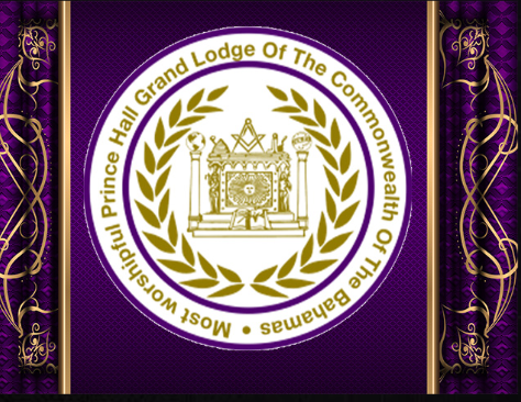 Seal of the Most Worshipful Prince Hall Grand Lodge of the Commonwealth of the Bahamas, featuring a throne, candelabra, and laurel wreath, on a purple background.