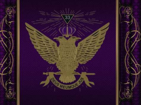 A purple book cover featuring a gold eagle with outstretched wings, a crown on its head, and a shield with the number 33. The eagle holds a banner with the Latin phrase 'Deus Meumque Jus' and is surrounded by decorative gold designs.