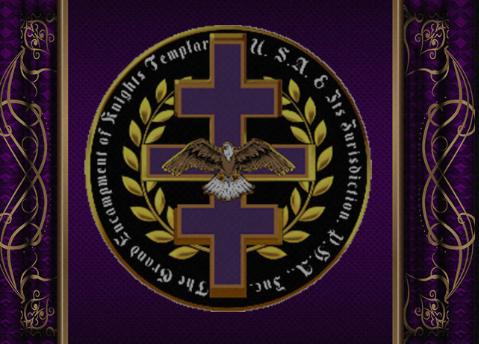 A circular emblem featuring a purple and gold cross with an eagle in the center, surrounded by laurel leaves and the text 'The Order of Knights Templar of U.S.A. S.F. Shriners.' The background is purple with decorative gold accents.