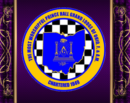 Emblem of the Most Worshipful Prince Hall Grand Lodge of Ohio, featuring a blue outline of Ohio with Masonic symbols, a checkered background, and text indicating it was chartered in 1849.