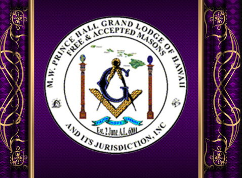 Masonic emblem featuring an anchor, a square and compass, and two pillars, with purple and gold decorative borders.