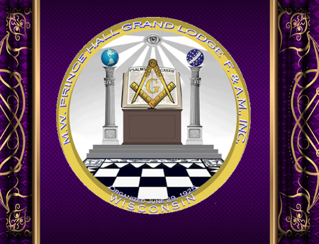 Emblem of Prince Hall Grand Lodge of F.A.M. Inc. in Wisconsin, featuring Masonic symbols including a compass, square, and all-seeing eye, with a purple and gold decorative border.