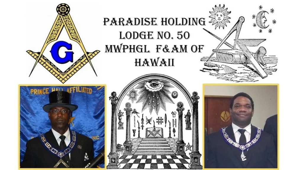 Lodge insignia, Masonic symbols, and two men in Masonic regalia at a Masonic lodge event for Paradise Holding Lodge No. 50 Hawaii.