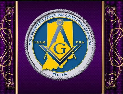 Masonic emblem with a compass and square over a blue and yellow background, surrounded by purple and gold decorative borders