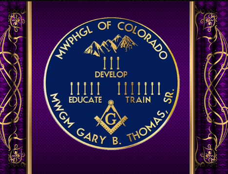 Masonic emblem with mountains, squares, and compasses, surrounded by purple and gold decorative borders.