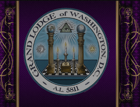 The emblem of the Grand Lodge of Washington, D.C., features a square and compasses with an eye, flames, and the sun and moon symbols, set against a background with purple velvet drapes.