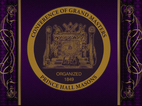 Seal or emblem of the Prince Hall Masons with the text 'Conference of Grand Masters' and 'Organized 1849' on a purple background, featuring Masonic symbols and decorative gold borders.