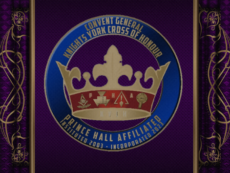 Emblem of the Knights York Cross of Honour at Prince Hall Affiliates, featuring a crown, shield, and various symbols, surrounded by purple and gold decorative borders.