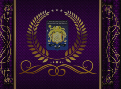 An emblem with gold laurel branches, a shield, and decorative swirls on a purple background.