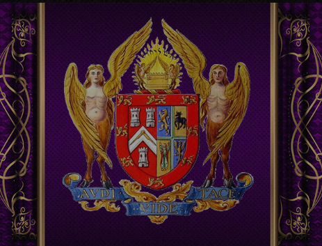 Coat of arms with two golden griffins on a purple background, featuring a shield with various symbols and a Latin motto.