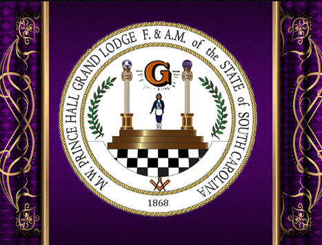 Seal of the M.W. Prince Hall Grand Lodge F. and A. M. of South Carolina, featuring a man standing on stairs between two pillars, with checkered floor and laurel branches, dated 1868.