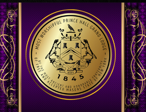 A circular emblem with a gold border and purple background, featuring the phrase 'Most Worshipful Prince Hall Grand Lodge' and the year 1845. The emblem has a shield with a small house, a torch, a cross, and the words 'Faith,' 'Charity,' and 'Hope'.
