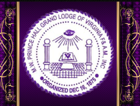 Seal of the Prince Hall Grand Lodge of Virginia, with an eye, columns, and a square and compass symbols, on a purple background with gold decorative borders.