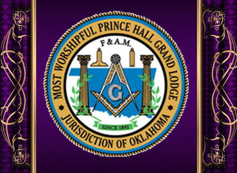 Seal of the Most Worshipful Prince Hall Grand Lodge, Jurisdiction of Oklahoma, featuring symbols of Freemasonry, including a Square and Compass, with the letter G, flanked by pillars, and surrounded by a gold ring with blue background and purple decorative borders.