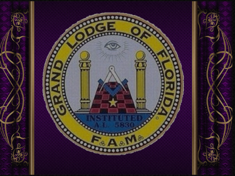 Masonic emblem of the Grand Lodge of Florida featuring pillars, an eye, and the square and compass symbol on a purple background.