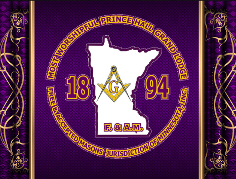 A logo featuring the outline of Minnesota in white with Masonic symbols, including a compass and square, in the center. The background is purple with gold decorative borders. The text includes 'Most Worshipful Prince Hall Grand Lodge,' 'E & A.M.,' the year 1894, and a circular inscription about Masonic jurisdiction.