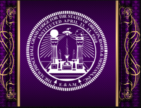 The seal of the Grand Lodge of Oklahoma, featuring a central pyramid, a blunderbuss, and a coiled snake, surrounded by the text 'The Grand Lodge for the State of Oklahoma, Inc. Founded April 23, 1904' on a purple background with decorative gold accents.