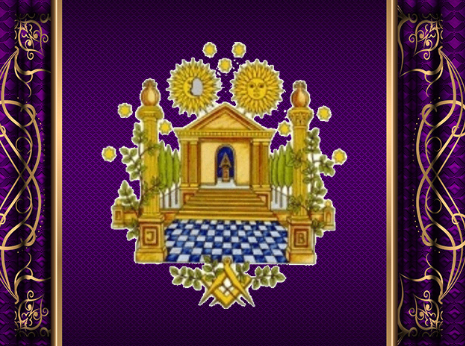 Embroidered crest featuring a building on a purple background with gold and white decorative elements.
