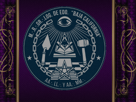 Masonic emblem with an eye at the top, surrounded by chains, a square and compass, a hammer, and a star at the bottom, all on a purple background.