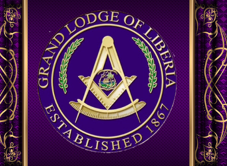 The Grand Lodge of Liberia emblem featuring a compass, square, and globe on a purple background with gold accents.
