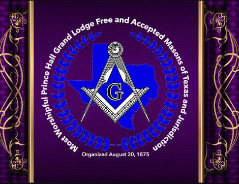 Masonic emblem with a square and compass symbol, the letter G, and a blue outline of Texas, surrounded by a circular laurel wreath and text about the Masonic Lodge of Texas, on a purple background with gold decorative borders.