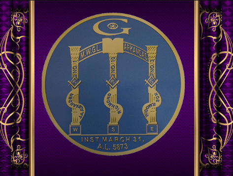 Masonic square and compass emblem with purple decorative border.