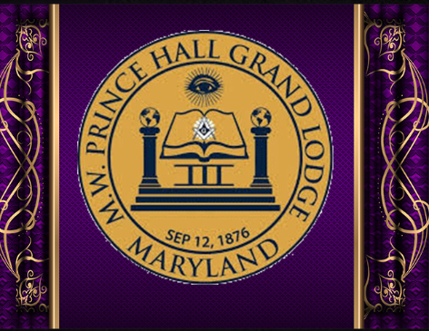 Prince Hall Grand Lodge of Maryland seal on purple background with ornate gold and purple decorative borders.