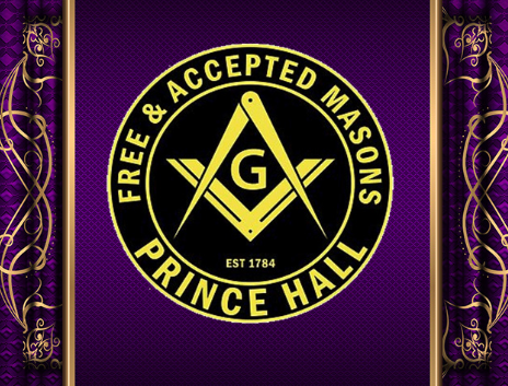 Masonic emblem with text, reading 'Free & Accepted Masons Prince Hall Est 1784' on a purple background with gold decorative borders.